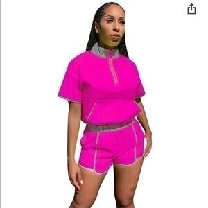 Hot Pink Reflective Tracksuit Short Set